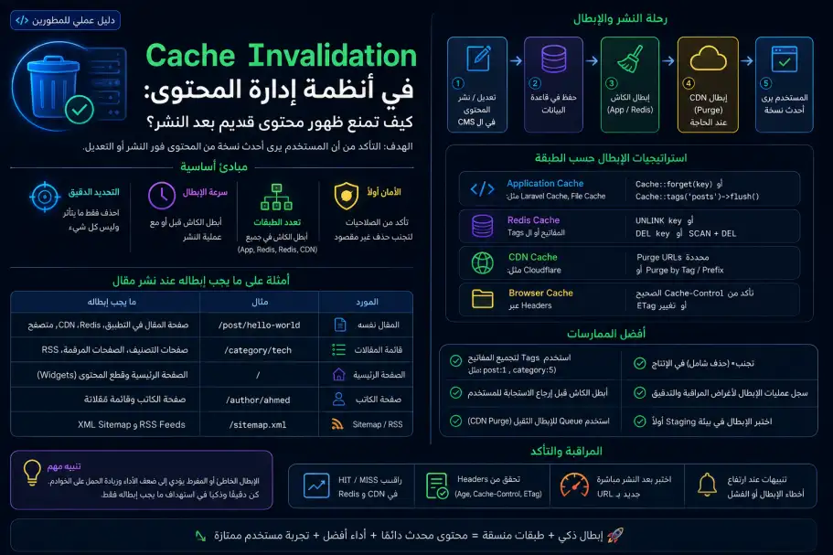 إنفوجرافيك يشرح Cache Invalidation في أنظمة إدارة المحتوى وكيفية منع ظهور محتوى قديم بعد النشر